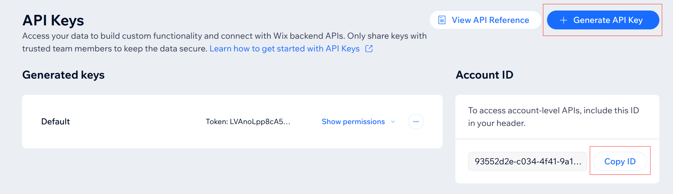 Wix API Keys page showing the generated key and Account ID
