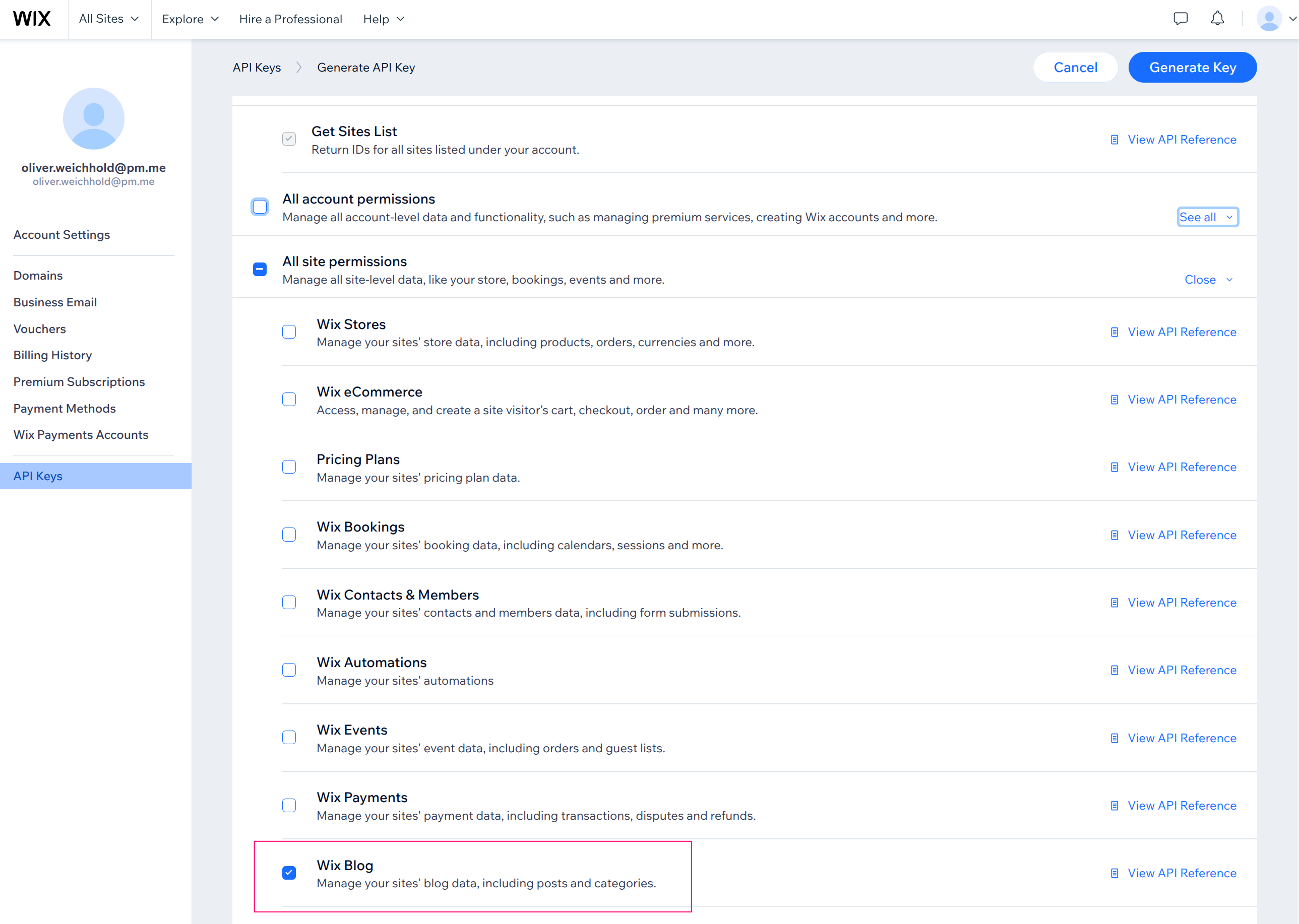 Generating an API Key in Wix with Wix Blog permission enabled