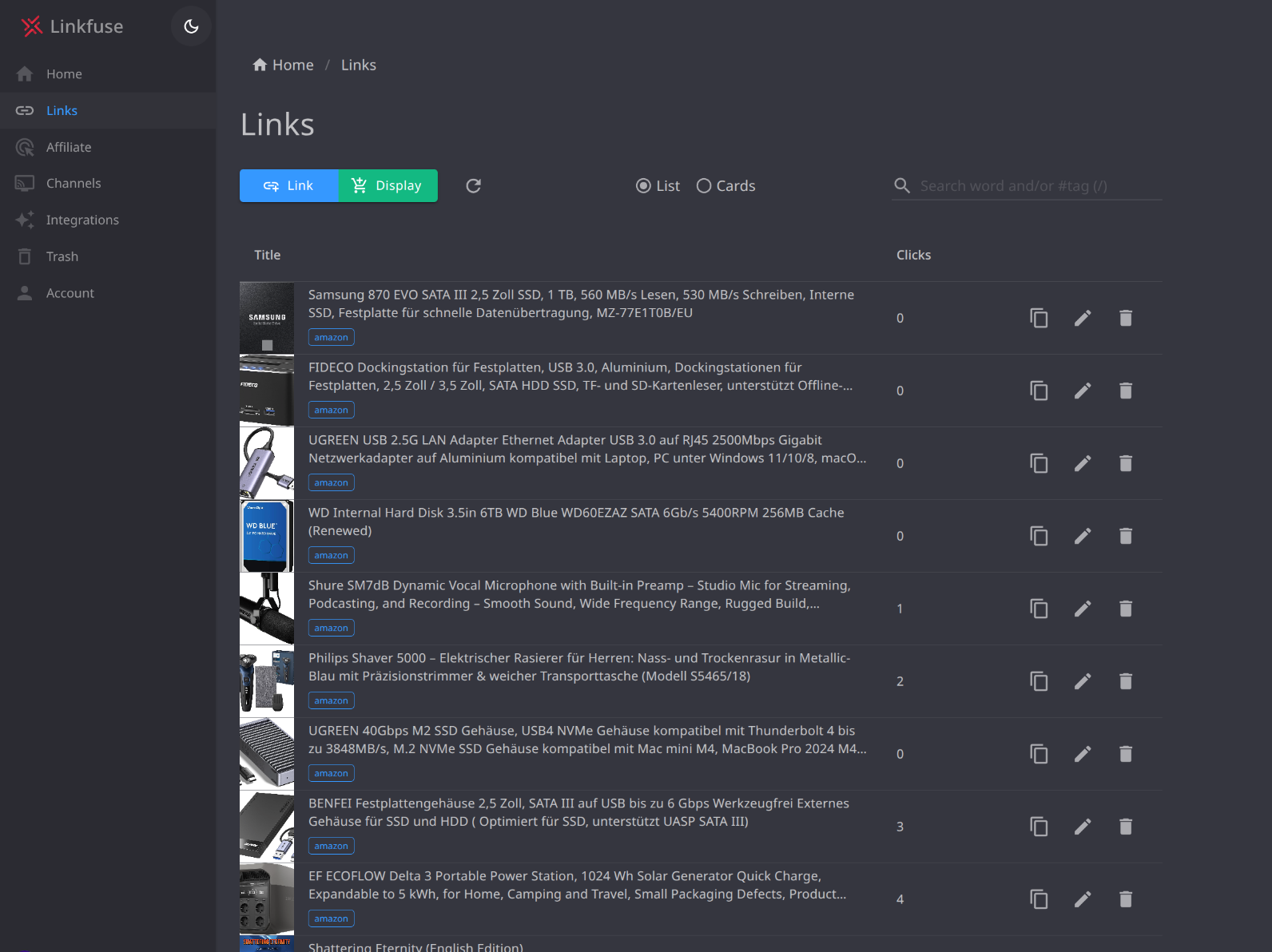 Linkfuse affiliate link management interface