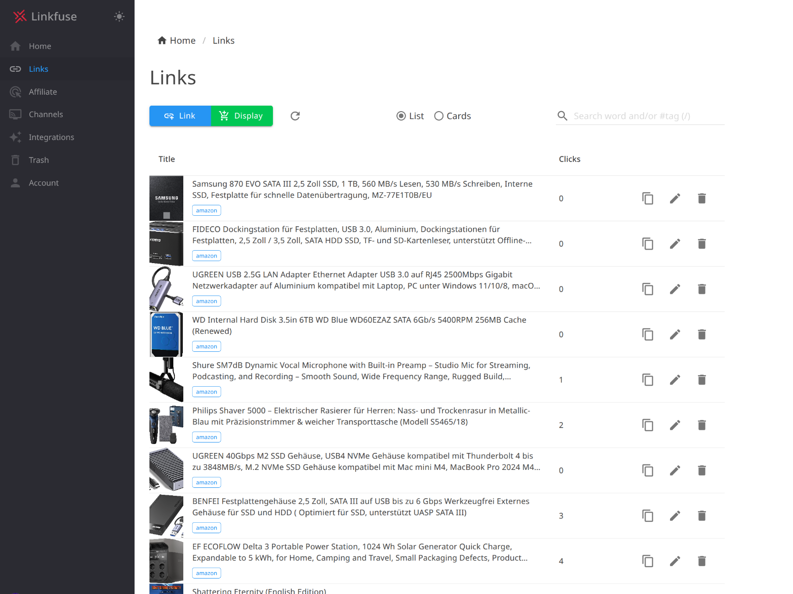 Linkfuse affiliate link management interface