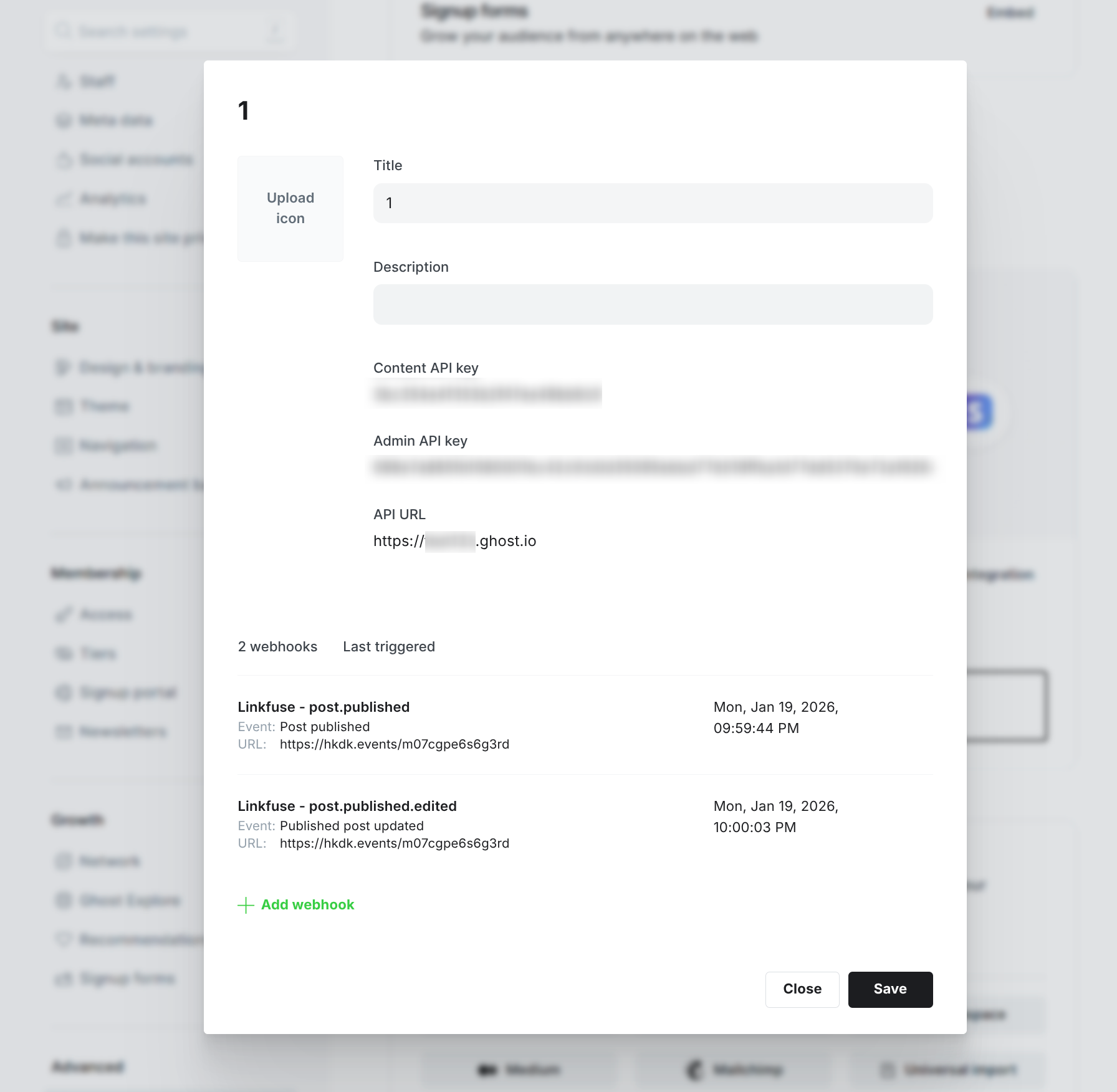 Ghost Admin API Key and URL