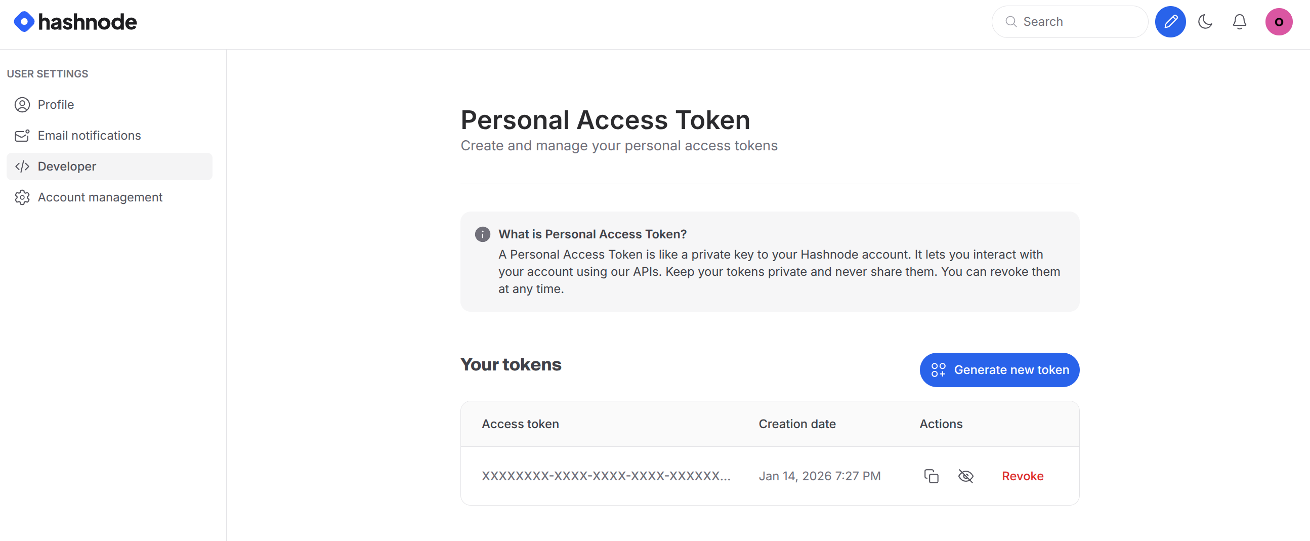 Generating a Personal Access Token in Hashnode Developer Settings