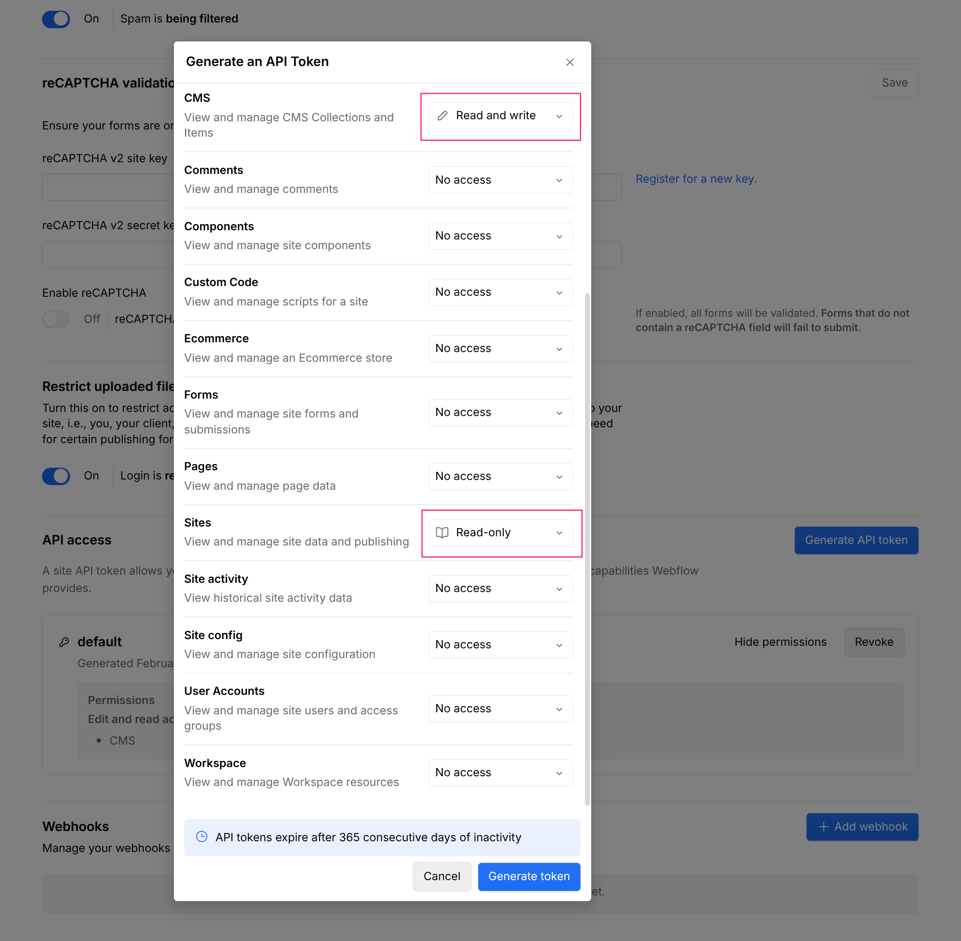 Generating a Site API token in Webflow with CMS Read & Write and Sites Read only permissions