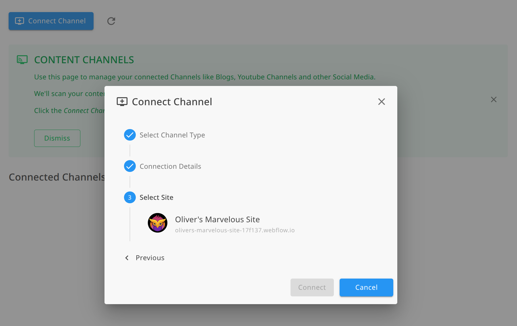 Selecting your Webflow site